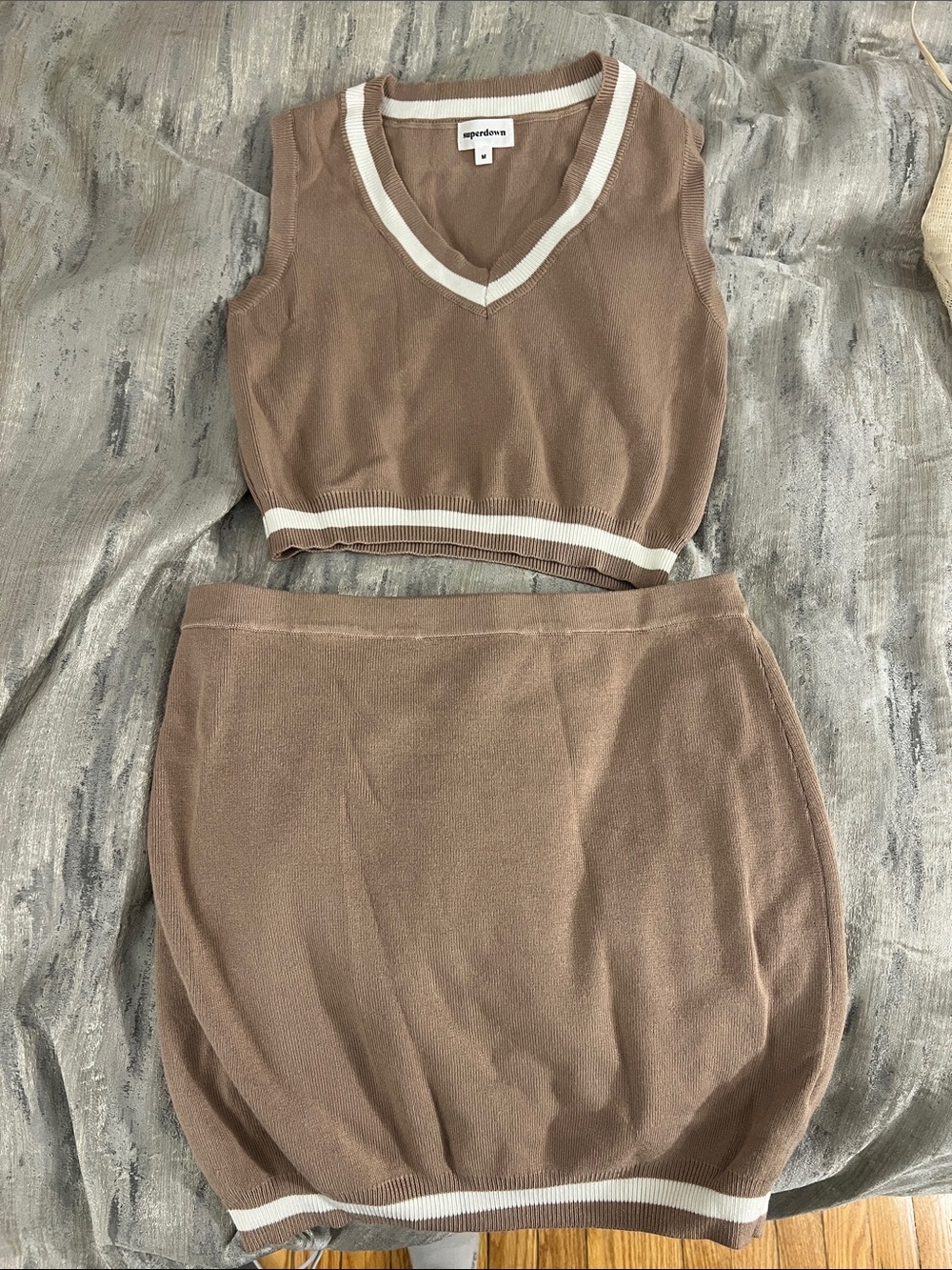 Superdown Bonnie Varsity Knit Mini Skirt Set with White Trim